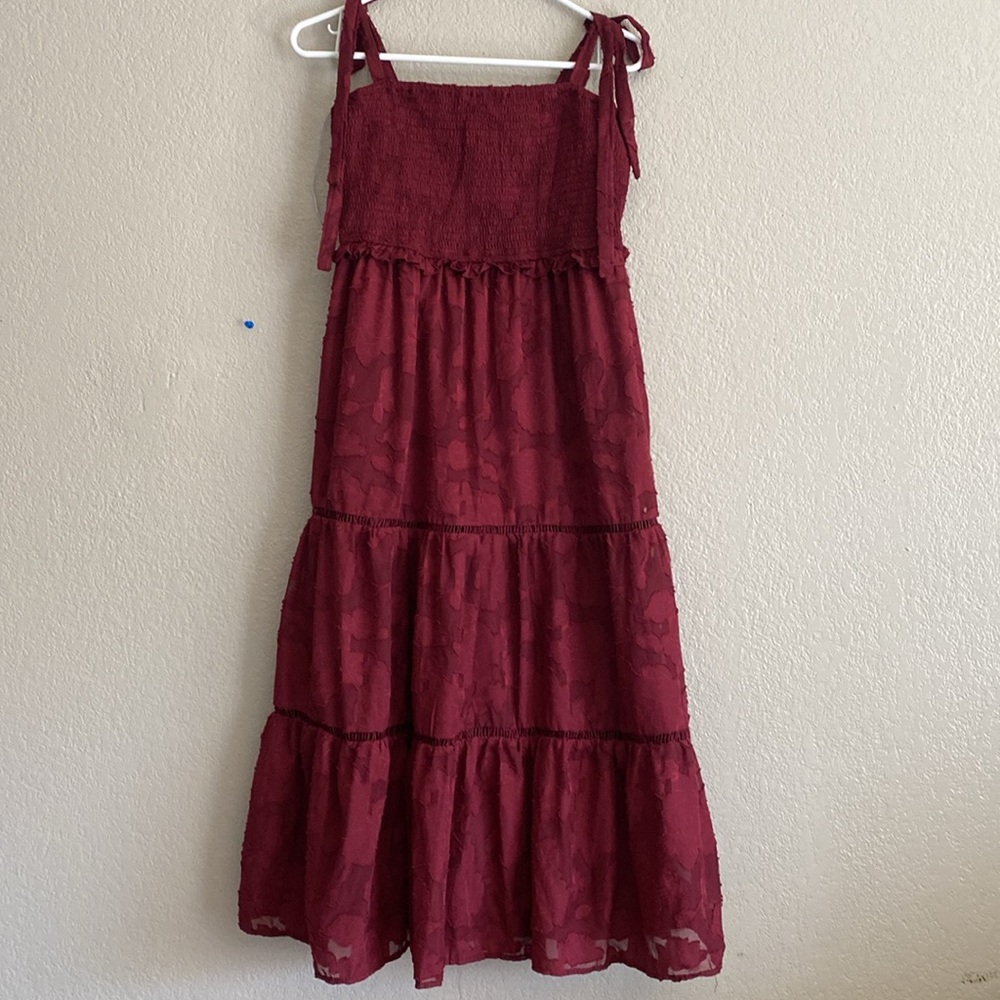 Lulus Float to Love Burgundy Jacquard Smocked Tie-Strap Midi Dress